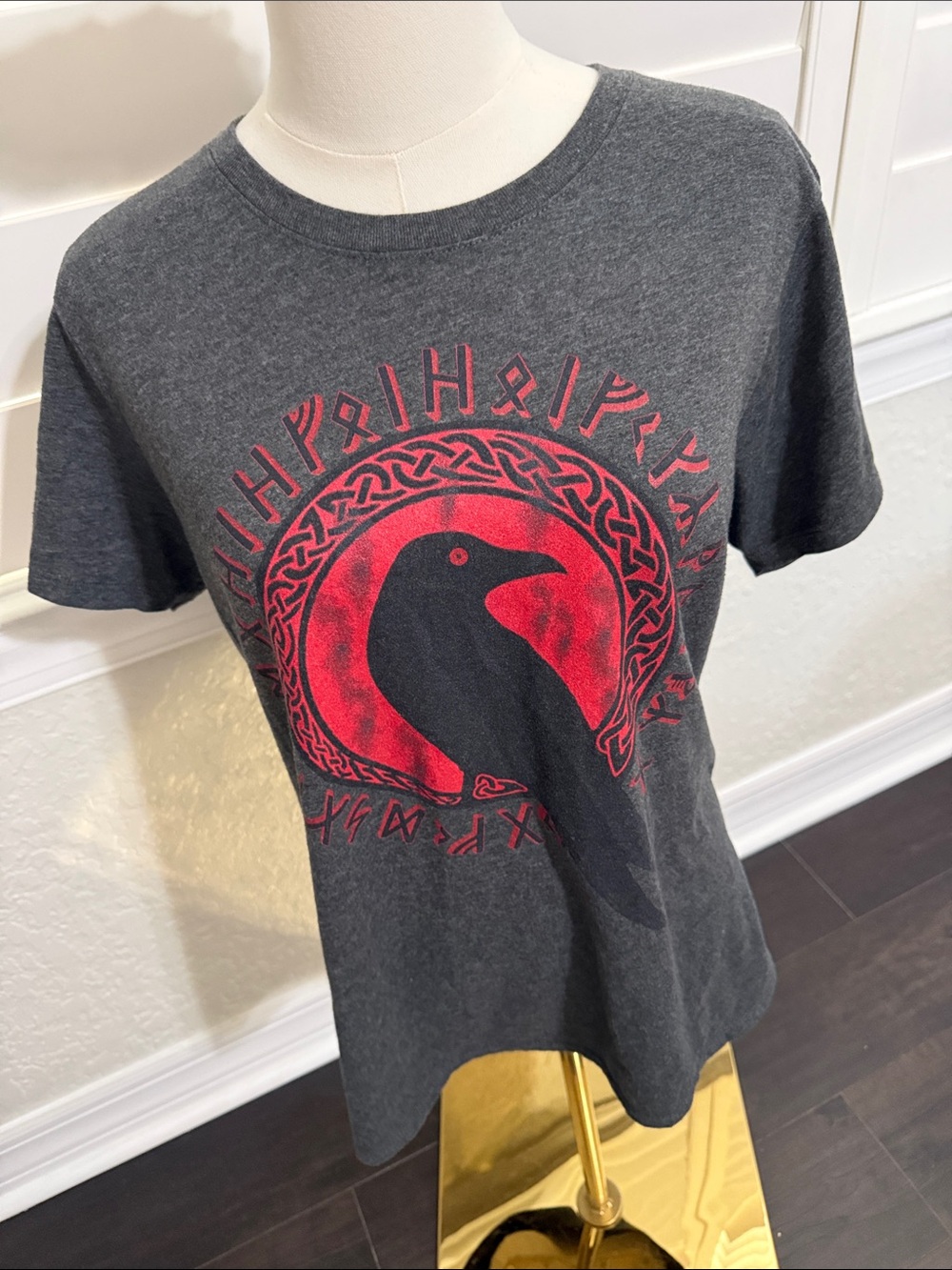 Viking Warrior Charcoal Gray Tee with Red Raven Graphic and Ruin Lettering